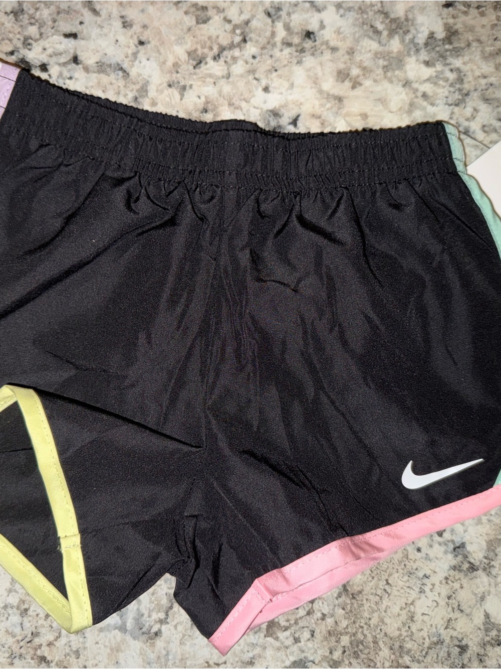 Nike Girls Black Athletic Shorts with Pink, lite blue and Lime Trim
